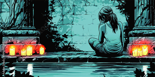 Lonely Woman Sitting by Candlelit Ruins at Night, Reflecting by Water — Digital Art Illustration with Blue Tones