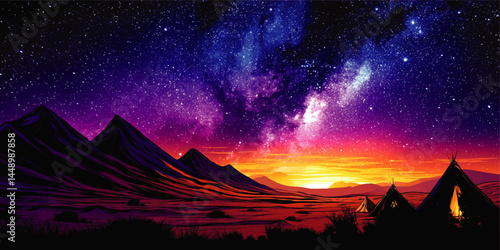 Vibrant Mountain Landscape with Starry Night Sky, Glowing Sunset, Campsite Tents, and Colorful Milky Way Illustration