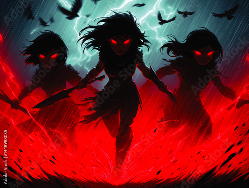 Dark Warrior Trio with Glowing Red Eyes and Swords in Stormy Lightning, Fantasy Art Illustration, Dynamic Red and Blue Color Scheme