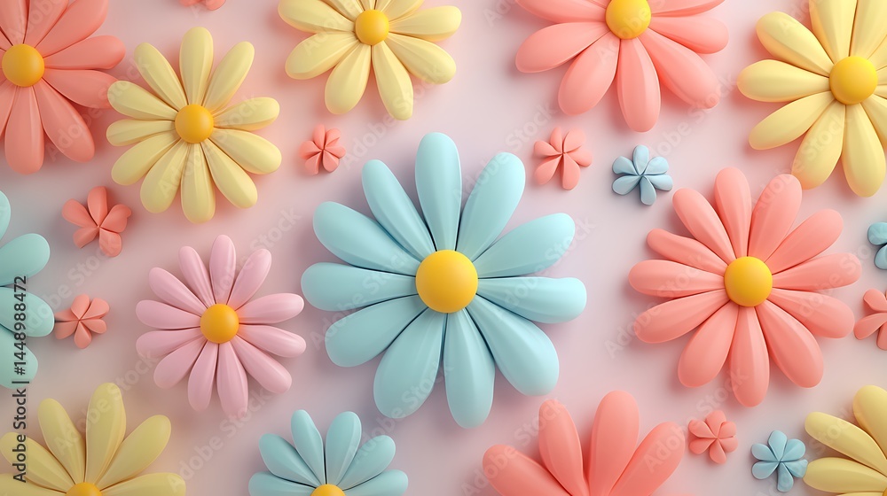 Fototapeta premium Fun and quirky 3D daisy flowers in squishy rubber style on a soft pastel background generative ai