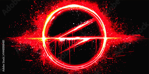 Neon Red Abstract Circle with Grunge Splatter and Dynamic Light Effect on Black Background – Modern Urban Digital Art