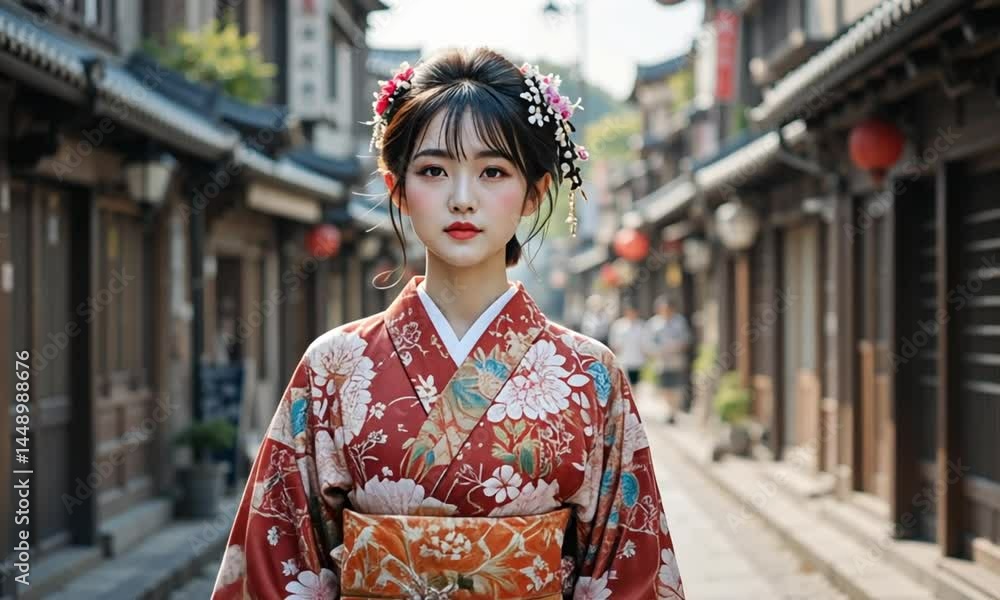 Traditional woman in kimono standing on street Traditional woman in kimono standing on street