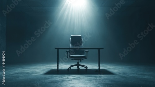Fototapeta Naklejka Na Ścianę i Meble -  office chair and desk under spotlight in stark room representing isolation job interview pressure or the hot seat in a corporate setting