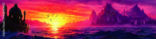 Viking Longship Sailing at Vibrant Sunset – Norse Warrior, Majestic Ocean Waves, Mountains, and Birds in Fantasy Landscape Art