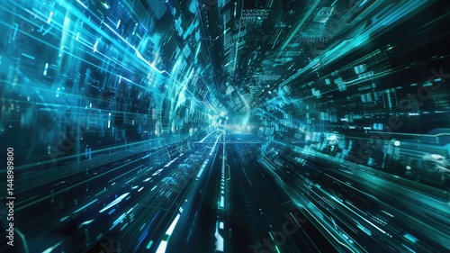 Abstract picture with digital style scenery  high tech building scatter around glow fantasy neon light. Cyberspace scene with technology design construction and electric particle flow around. AIG53.