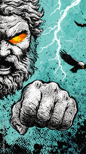 Powerful Zeus Illustration with Fiery Eyes, Striking Fist, Lightning, and Eagles on Vibrant Blue Splatter Background