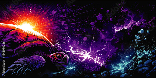 Cosmic Sea Turtle Illustration – Vibrant Sunrise, Space Art, Abstract Ocean Fantasy, Neon Colors, Splash Effects, Surreal Wildlife Background
