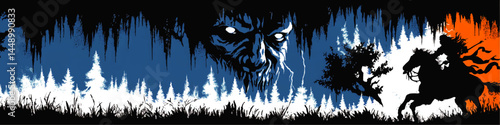 Mysterious Forest with Ghostly Face, Lightning, and Silhouette of Epic Hero Riding Horse at Sunset – Fantasy Grunge Art