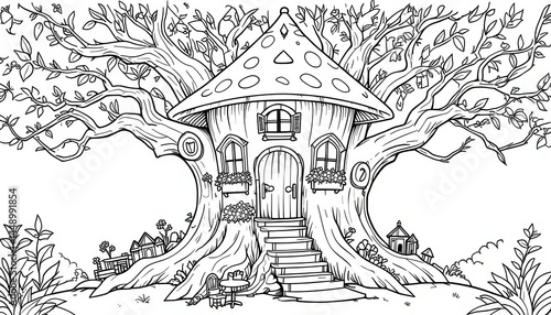 Wallpaper Mural Drawing of Tree House with Mushroom Roof and Stairs Black and White Torontodigital.ca