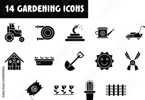 set of gardening and agriculture icons, plants and equipments symbols