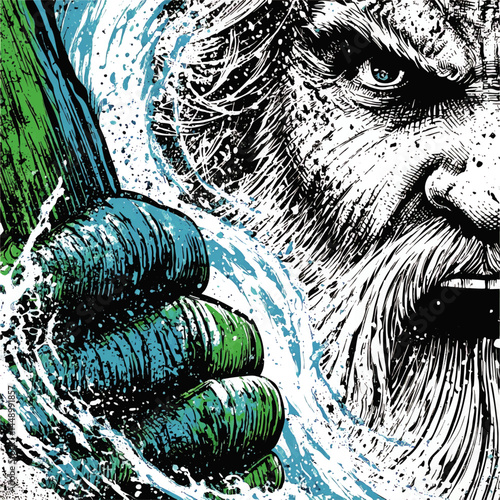 Powerful Hand-Drawn Poseidon Illustration with Trident and Splashing Water – Mythological Greek God Art in Blue and Green