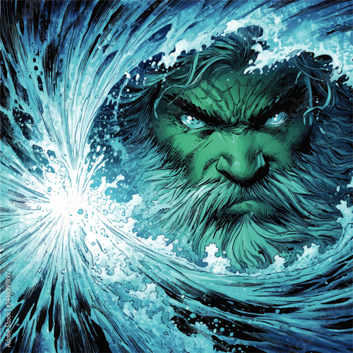 Powerful Poseidon Illustration – Epic Sea God Portrait with Splashing Waves, Blue Ocean Fantasy Art for Mythology and Comic Book Designs