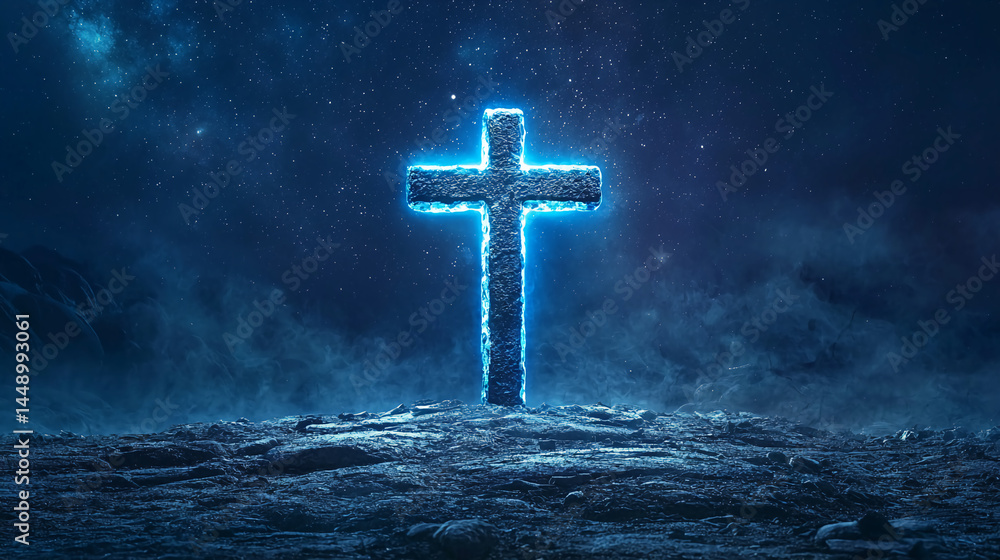 Fototapeta premium A glowing blue cross stands on rocky ground beneath a starry night sky, creating a mystical and spiritual atmosphere.