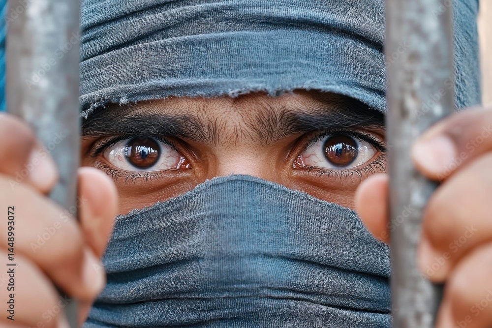 Person with a partially covered face, looking through metal bars, holding onto them with both hands, eyes wide open conveying intensity. Person with a partially covered face, looking through metal bars, holding onto them with both hands, eyes wide open conveying intensity.