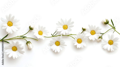 A minimalist arrangement of daisies on a clean white background with room for text generative ai