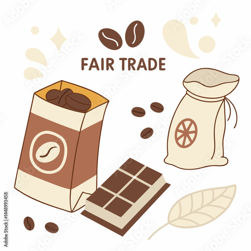 Fair Trade Coffee Beans And Chocolate Illustration For Ethical Consumption