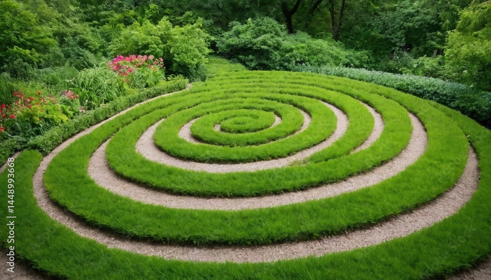Stone Spiral Path in a Lush Green Garden. 4 Stone Spiral Path in a Lush Green Garden. 4