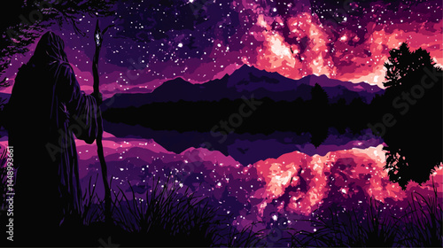 Mystical Hooded Figure by Lake Gazing at Vibrant Starry Night Sky with Purple, Pink, and Orange Galaxy Reflection – Fantasy Landscape Vector Art