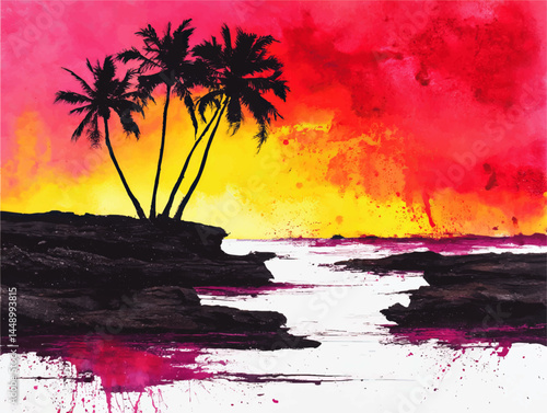 Vibrant Tropical Sunset Seascape with Palm Trees, Rocky Coastline, and Bold Watercolor Effects – Paradise Beach Art Illustration