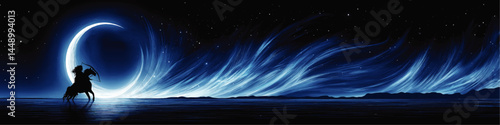 Fantasy Night Archer Silhouette with Bow Aiming at Crescent Moon over Mystical Blue Lake, Glowing Stars and Swirling Sky