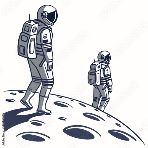 Two Astronauts Walking On A Cratered Moon Surface In Space
