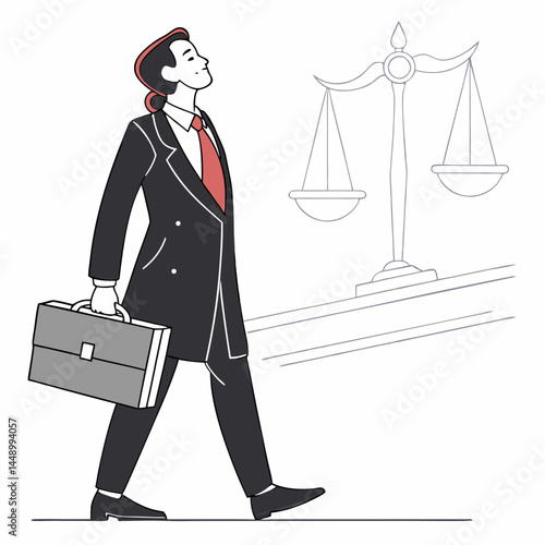 Lawyer With Briefcase And Scales Of Justice Walking To Court Room