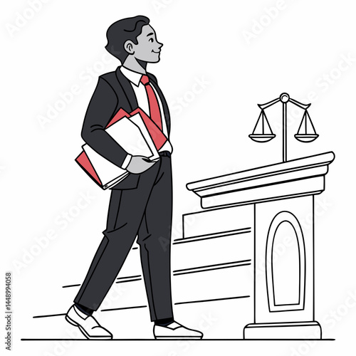 Businessman In Courtroom Walking With Documents Near Scales Of Justice Illustration