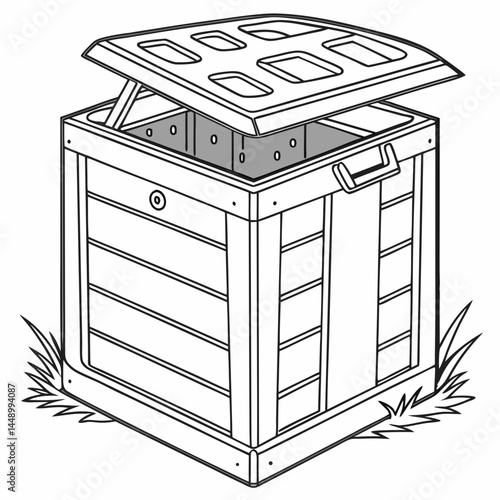 Black And White Line Art Compost Bin Illustration With Open Lid