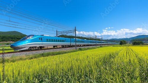 High-speed train speeding through vibrant green field under a clear blue sky.