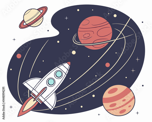 Rocket Ship Flying Through Space With Planets And Stars Graphic