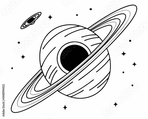 Black And White Outline Planet With Rings And Stars Graphic