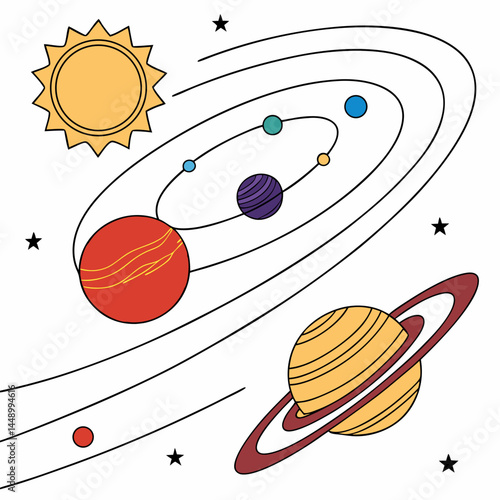 Colorful Solar System Planets Orbiting Sun Isolated On White Background
