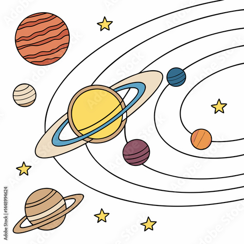 Cartoon Solar System Planets And Stars For Kids Education Concept