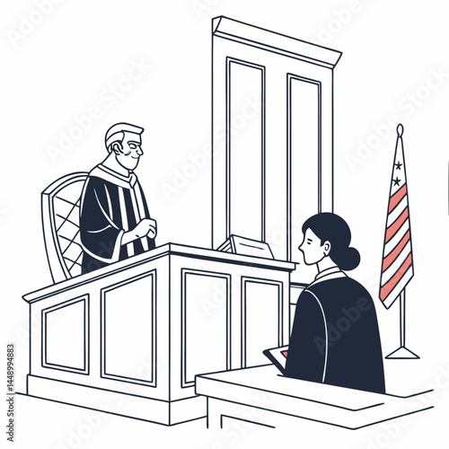 Judge In Courtroom During Trial With Lawyer Defense And American Flag