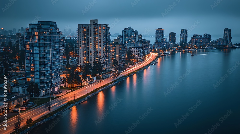 Fototapeta premium Twilight Cityscape: Coastal Metropolis at Dusk