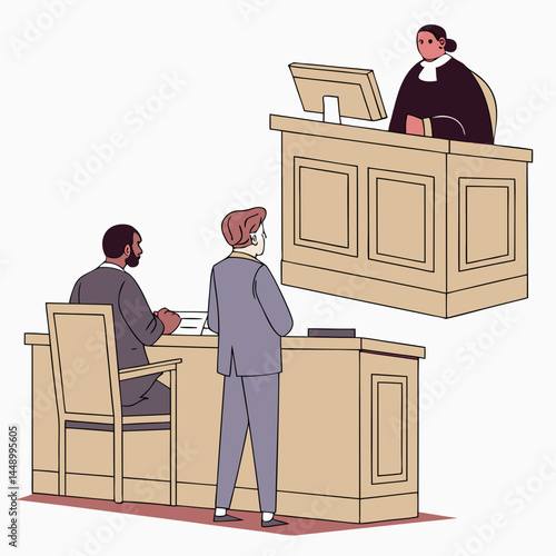 Courtroom Scene Featuring Judge Defendant And Defense Attorney Illustration