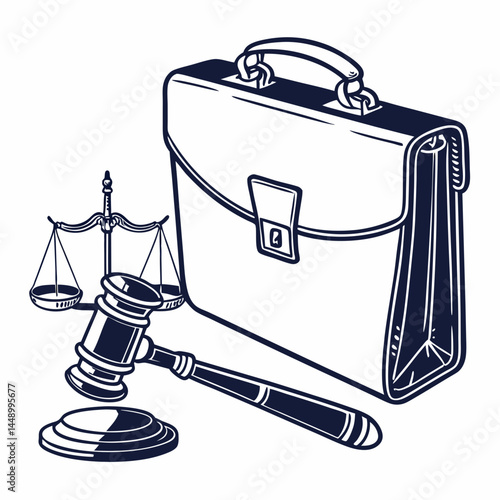 Law And Justice Monochromatic Illustration Featuring Briefcase Gavel And Scales