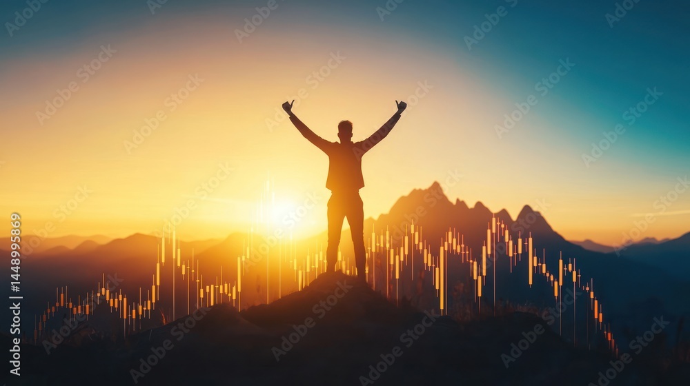 Silhouette of a triumphant person atop a mountain, with sunrise and financial charts Silhouette of a triumphant person atop a mountain, with sunrise and financial charts