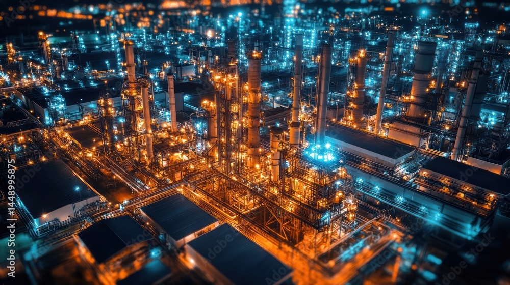 illuminated industrial complex at night showcases intricate pipeline architecture and urban cityscape with a vibrant display of orange and teal lighting illuminated industrial complex at night showcases intricate pipeline architecture and urban cityscape with a vibrant display of orange and teal lighting