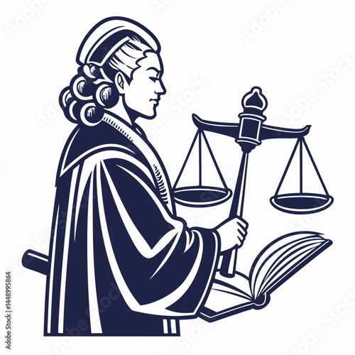 Judge Holding Scales Of Justice And Law Book In Simple Vector