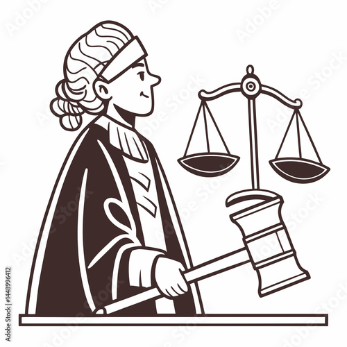 Minimalist Vector Art Of A Female Judge With Gavel And Scales