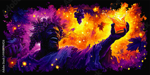 Vibrant Dionysus Bacchus God of Wine Illustration – Mythology, Grapes, Purple and Gold Fantasy Art with Joyful Expression
