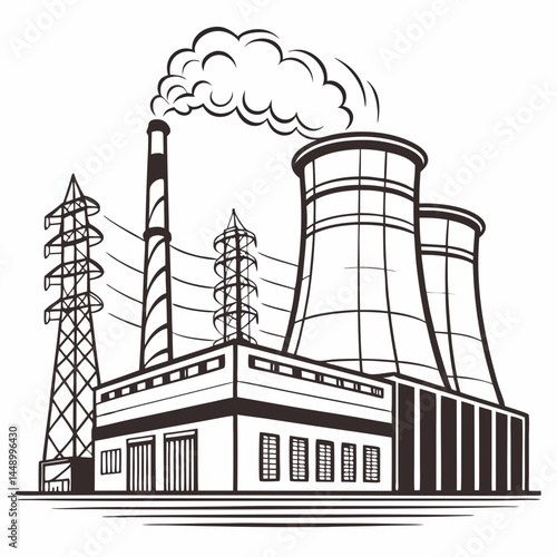 Line Art Illustration Of Coal Power Plant With Cooling Towers