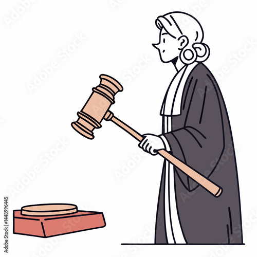 Line Art Illustration Of A Female Judge With Gavel In Courtroom