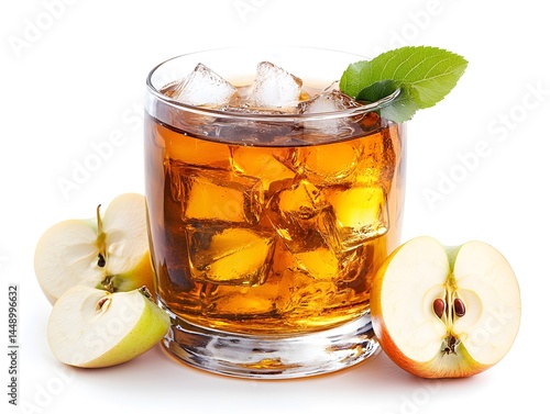 Refreshing iced juice in a glass with ice cubes and slices on white background perfect for summer.