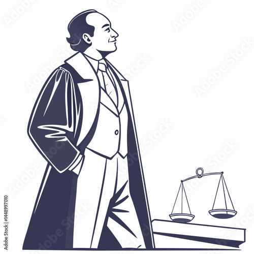 Illustration Of A Judge Standing With Scales Of Justice In Court