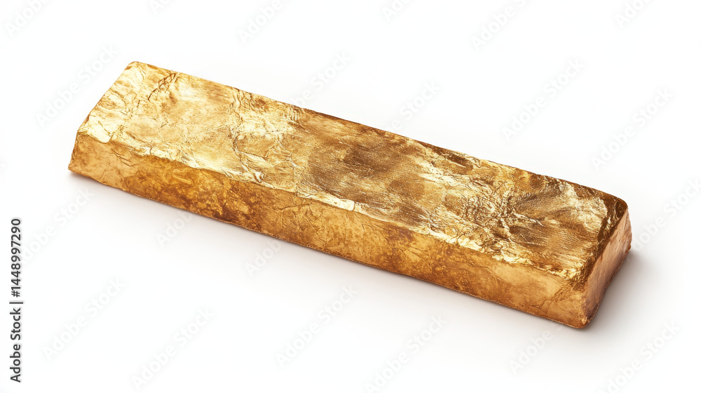 Fototapeta premium A golden foil-wrapped chocolate bar viewed from above on a white background