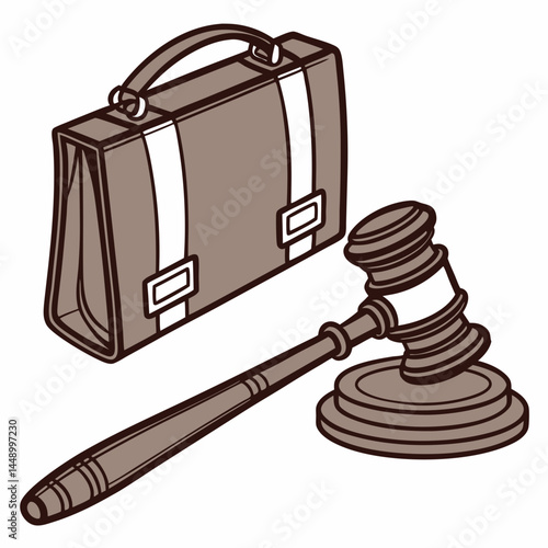 Cartoon Vector Of Brown Briefcase And Hammer Depicting Legal Business
