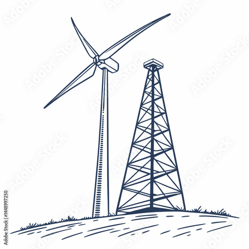 Wind Turbine And Transmission Tower On Hill Monochrome Illustration