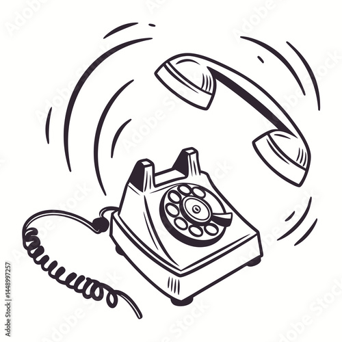 Vintage Rotary Phone With Receiver Off Hook In Monochrome Line Art